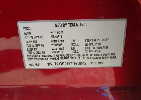 2026 Tesla Model Y Long Range Launch Series/Premium All-Wheel Drive z USA, uszkodzony, nr VIN 7SAYGDEE7TF359512